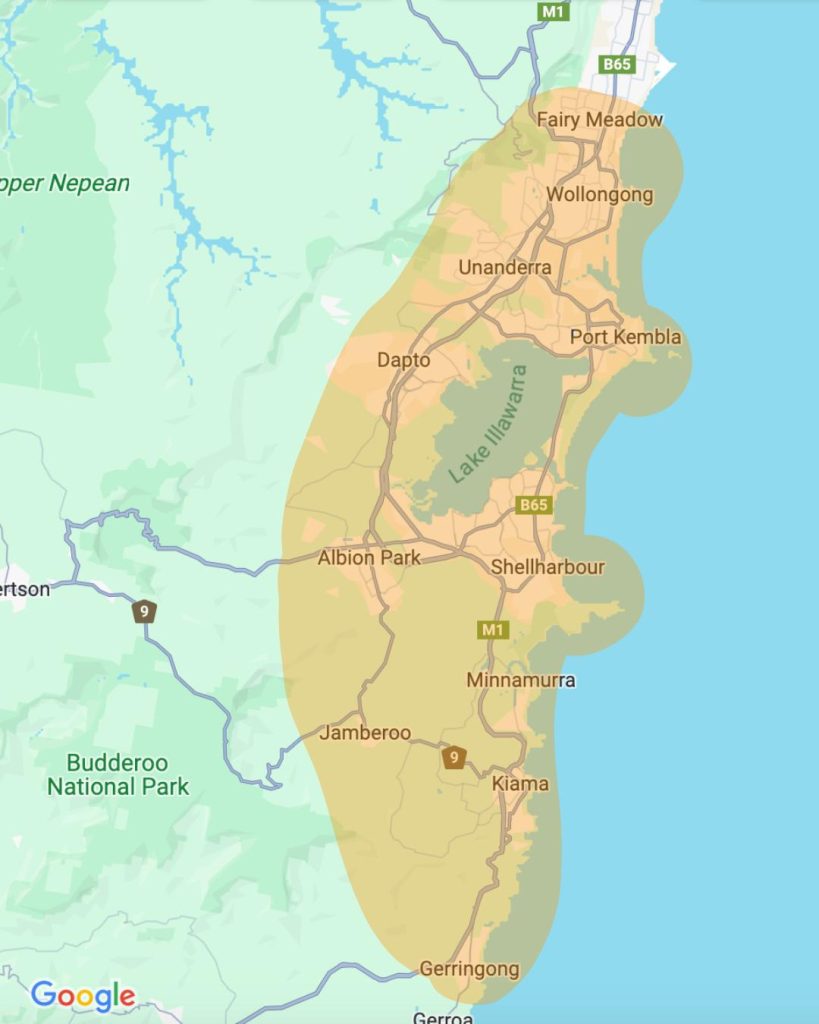 Map of the Illawarra and areas Clearview Carpentry & Skylights service highlighted in orange.