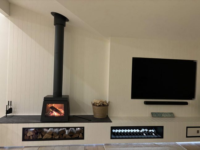 Clearview Carpentry Installed Fireplace, Entertaining Unit, Firewood Nook and Wine storage